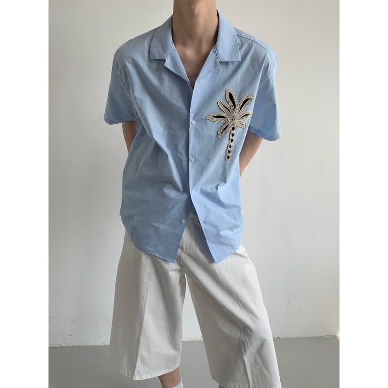 Design de verão camisa de manga curta masculina nicho Casual coco bordado flores High-End gola cubana camisa camiseta