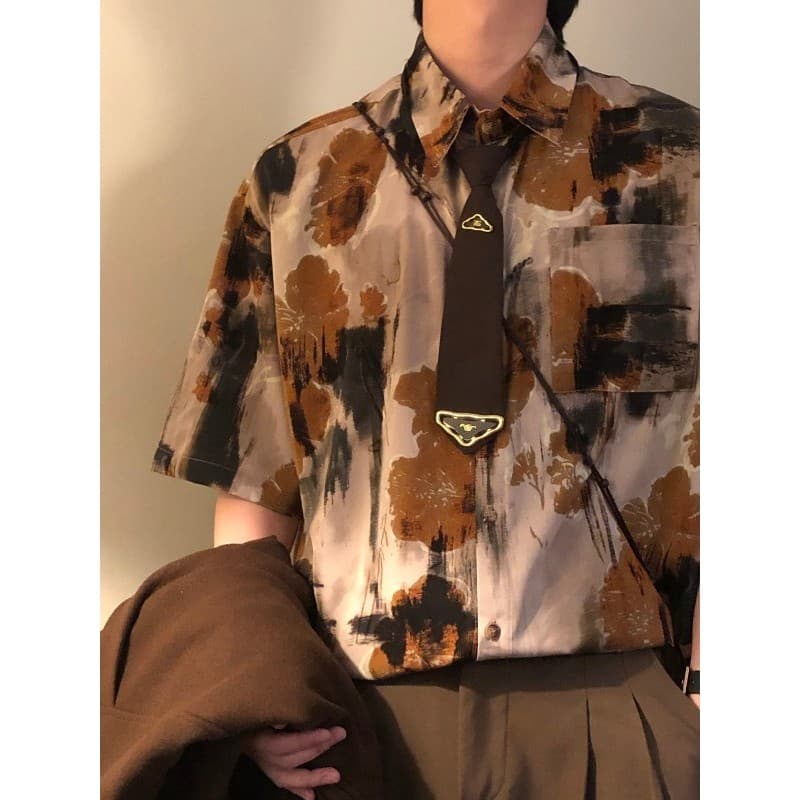 Verão americano Retro Casual tinta mancha artístico estilo Hong Kong camisa de manga curta flor topo masculino feminino