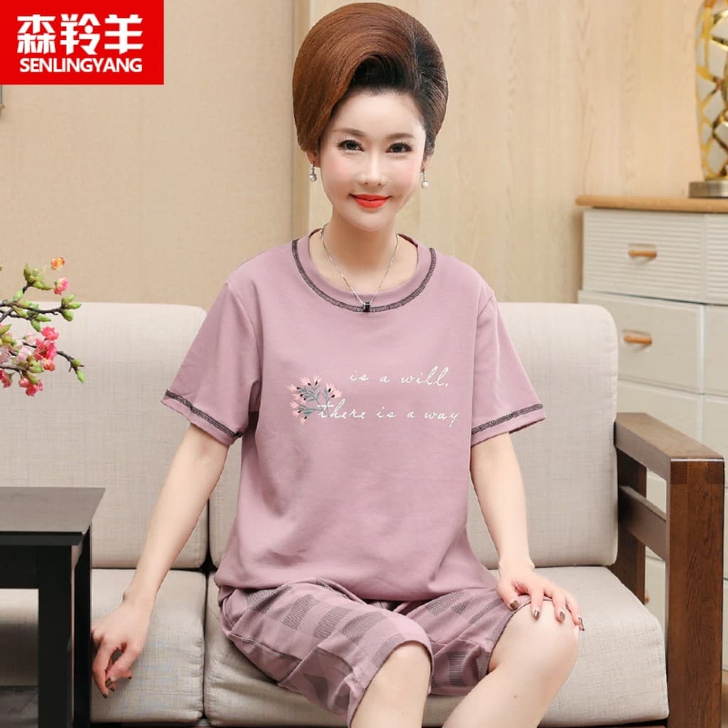 Pijama para idosos de meia-idade feminino verão puro algodão calças cortadas da mãe Loungewear médio-