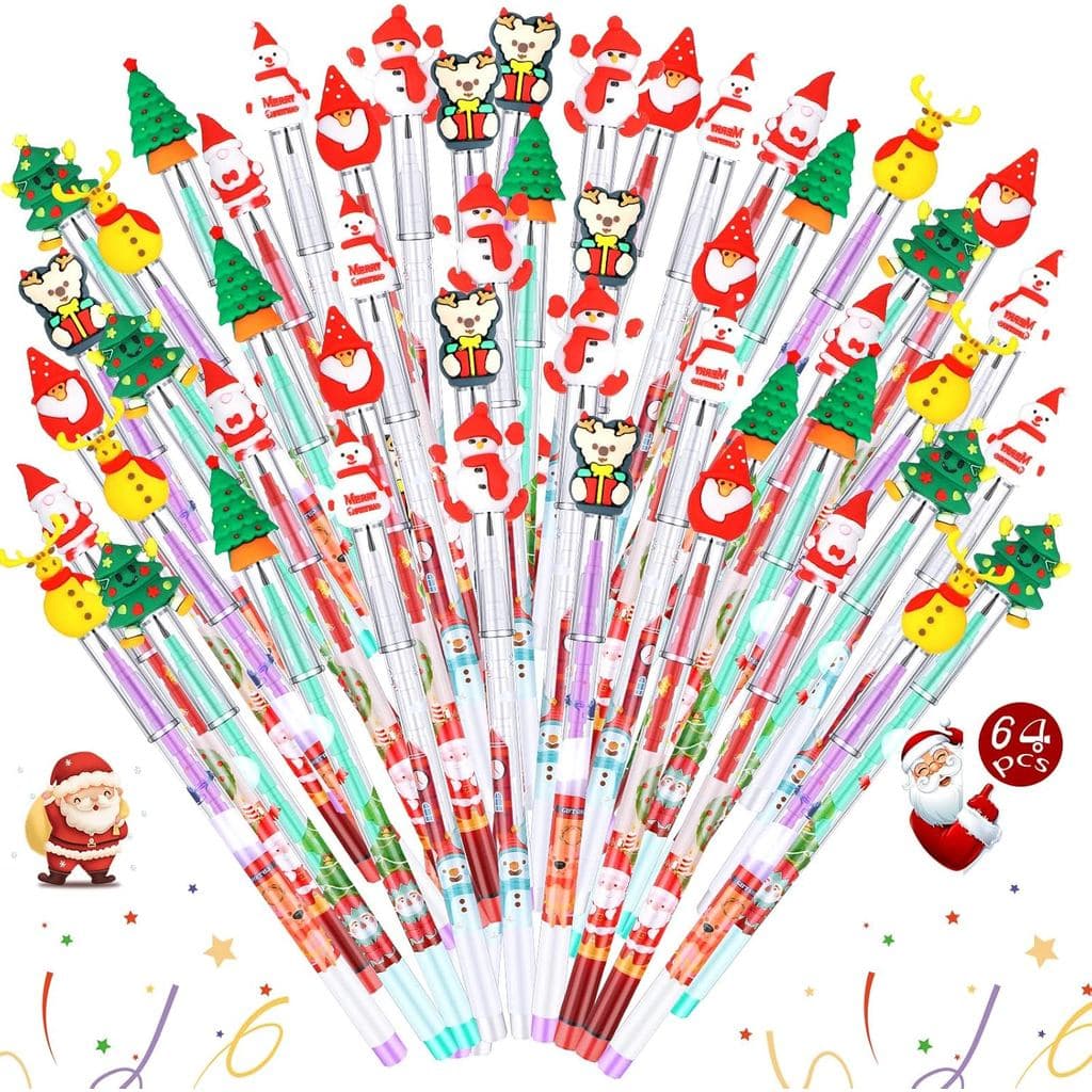 Teling 64 Lápis Empilháveis de Natal em Lote, Lápis de Múltiplas Pontas com Temas de Papai Noel, Árvore, Boneco de Neve