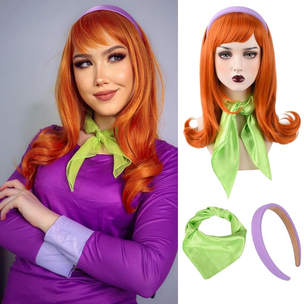 Perucas Laranja REECHO para Cosplay de Daphne - Peruca Ondulada de 14" de Comprimento com Franja, Peruca de Cabelo Sinté