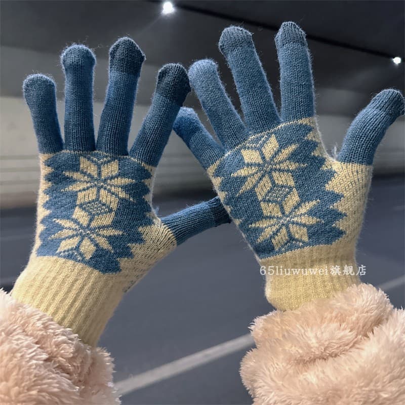 Estilo coreano floco de neve ins luvas de malha feminino outono inverno quente estudante tela sensível ao toque cinco de