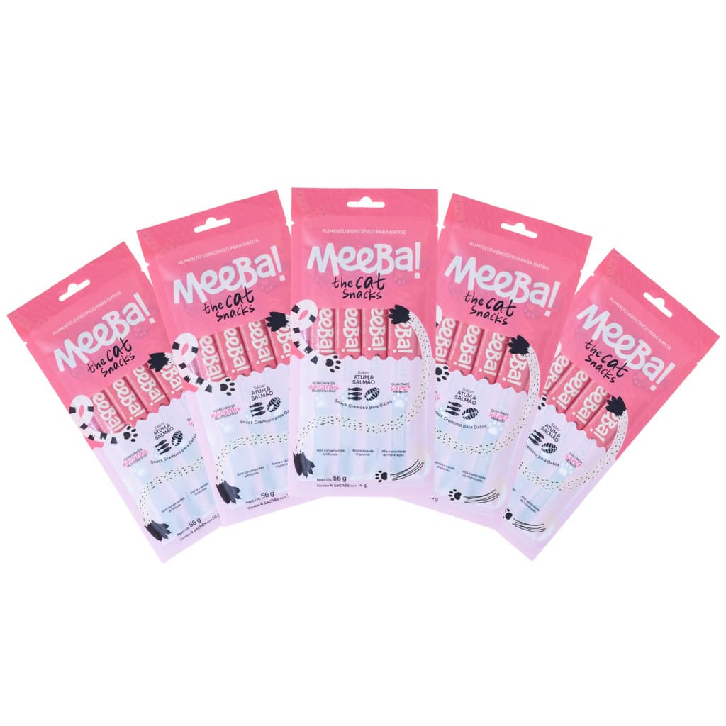 Kit 5 Petisco Úmido Para Gatos Snack Natural Cremoso Hidratação Atum E Salmão 20 Sachê 14g Meeba