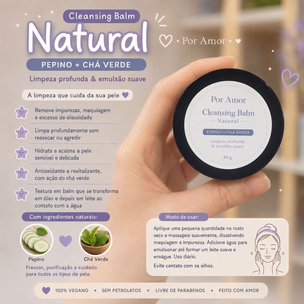 Demaquilante Cleansing Balm Vegano Limpeza Profunda Previne Acne Rosto e Olhos 30g