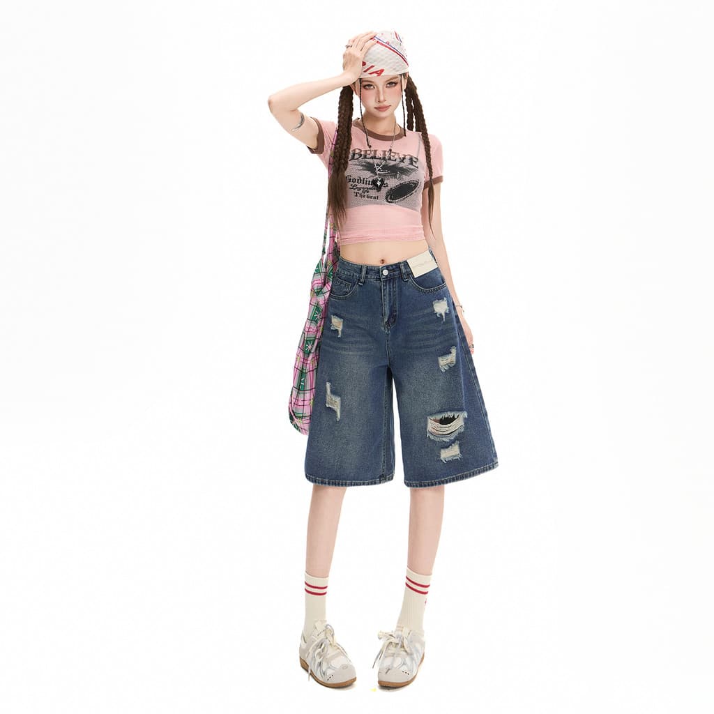 Cinco pontos Retro rasgado Denim Shorts feminino novo estilo solto mais magro olhar a linha reta quente menina 5 pontos