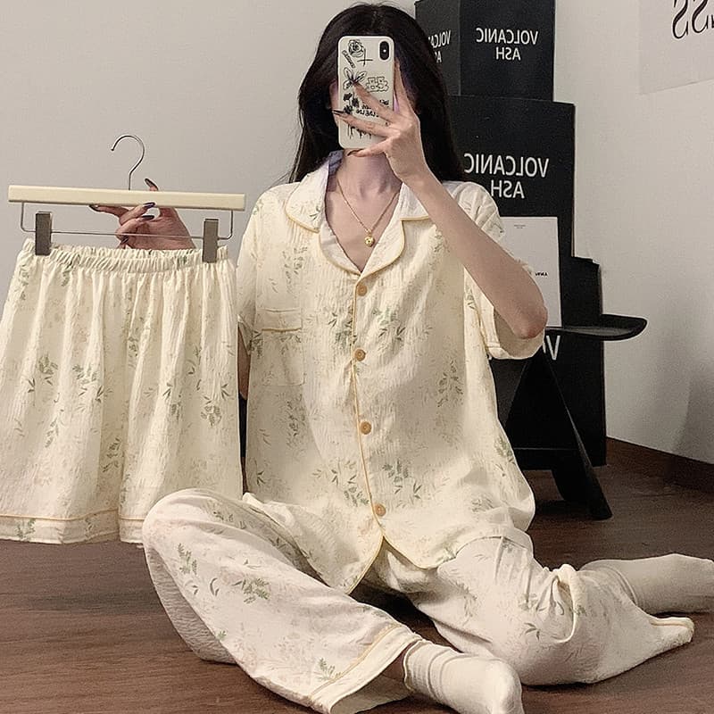 Pijama de três peças feminino 2024 novo estilo verão com almofada no peito uma luz verde folhas dopamina camisa Homewear