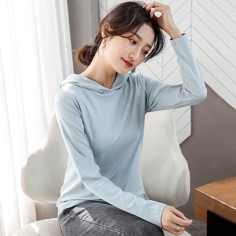 Com capuz mercerizado algodão manga comprida camiseta feminina primavera outono topo puro algodão com capuz camisa de fu
