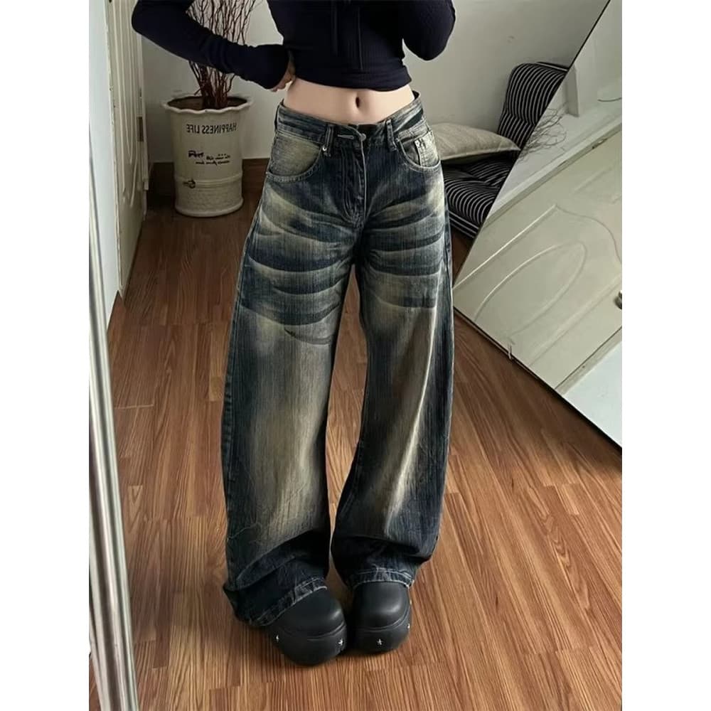 Americano Retro lavado angustiado Slub padrão Machete Jeans feminino primavera verão novo estilo solto mais magro olhar