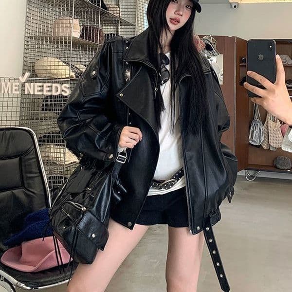Moda americana motocicleta jaqueta de couro feminino frito rua outono novo estilo solto All-Match Retro jaqueta de couro