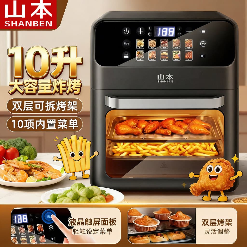 Fritadeira de ar Yamamoto doméstica 10L Fritadeira de ar Visual multifuncional Smart Baking Forno elétrico integrado