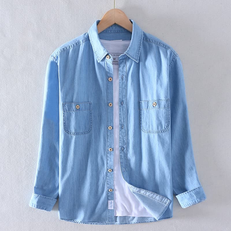 Sabaqi outono puro algodão bambu masculino denim camisa de manga comprida camisa Casual masculina europeu americano simp