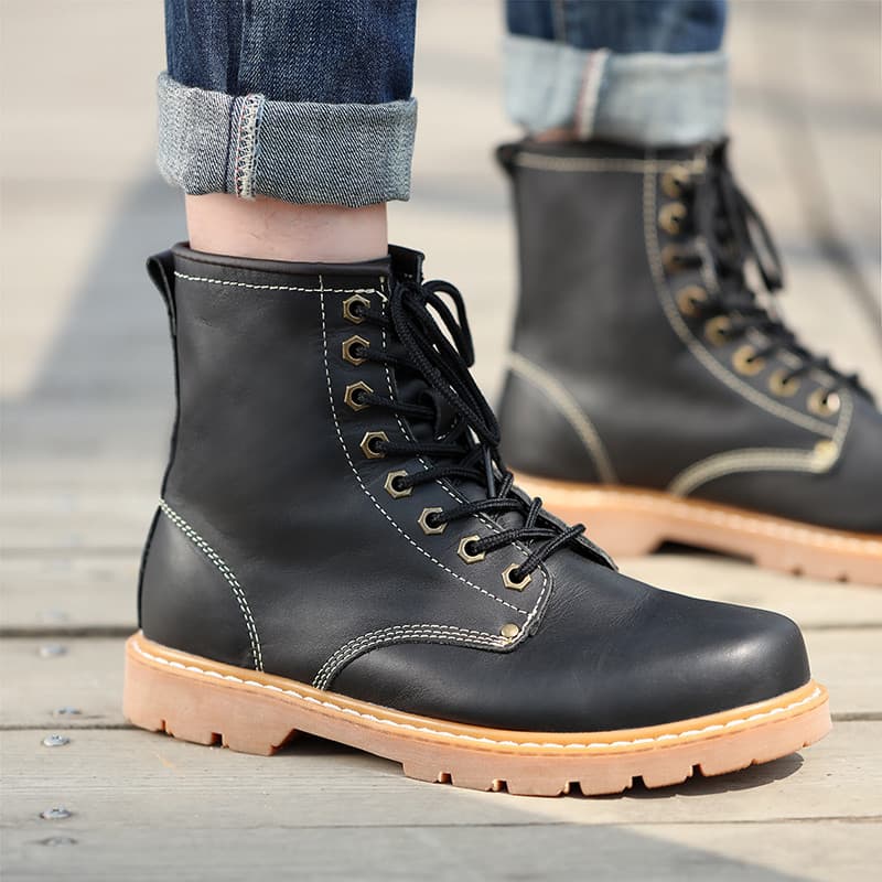 Botas gerais de couro genuíno botas curtas respiráveis masculinas camada superior de couro na moda Martin botas pretas C