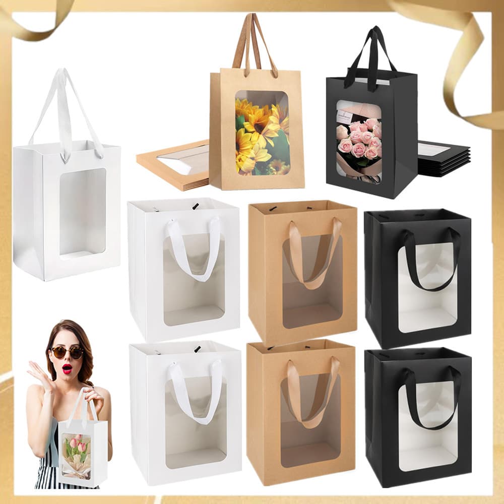 sacolas de papel com janela transparente, 5/10 peças, sacolas de presente com alças, para presentes de aniversário