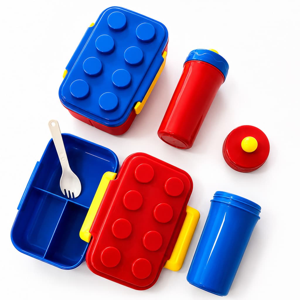 Kit Marmita Infantil Blocos de Montar Com Copo Garfo Divisória Lancheira Escolar Completa LEGO