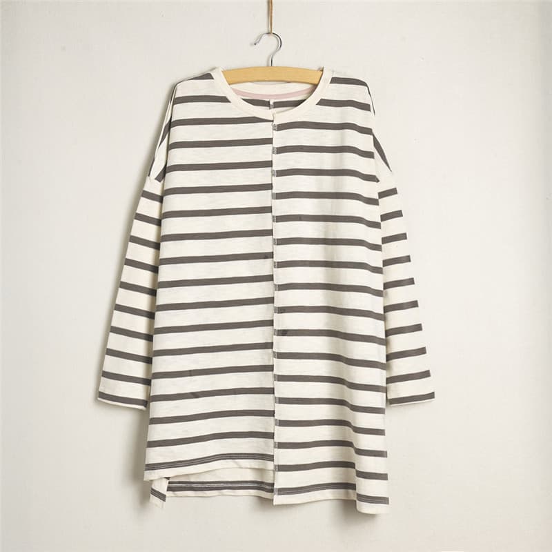 Slub algodão camiseta feminina listrado algodão novo estilo primavera outono solto Casual meninas em torno do pescoço ca