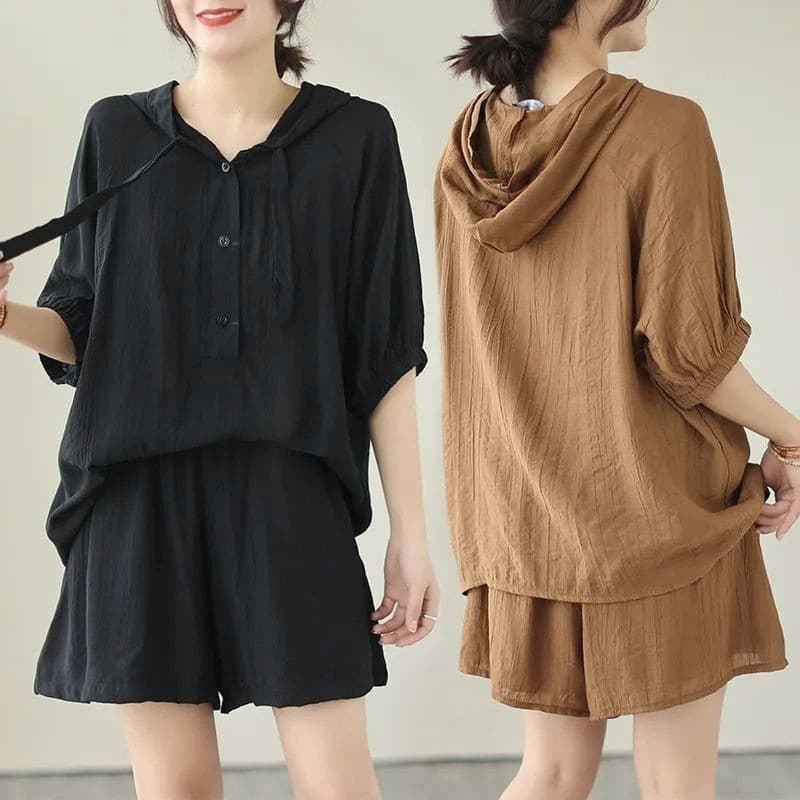 Tamanho grande moda terno feminino verão redução de idade solto com capuz de manga curta superior cobrindo carne mais ma