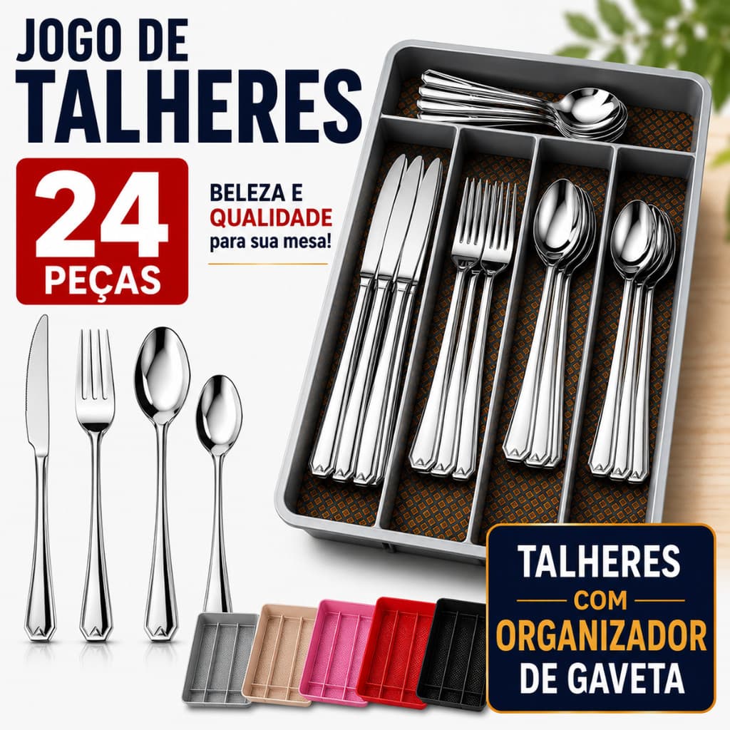 Faqueiro Jogo de Talheres com 24 peças Garfo Faca Colher e Colher Sobremesa Inox