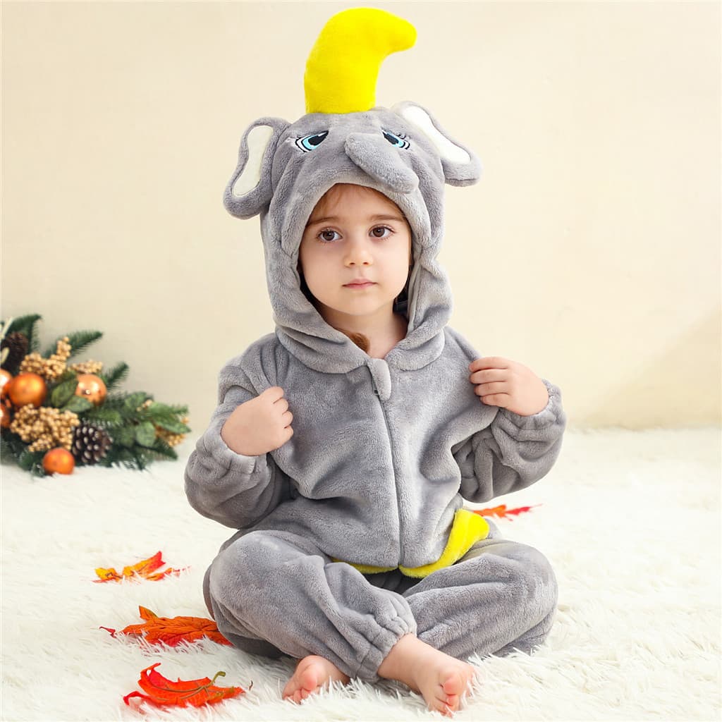Macacão Infantil Fofo de Flanela em Estilo Kigurumi de Elefante e Panda, Pijama de Animal para Bebês, Roupa Confortável