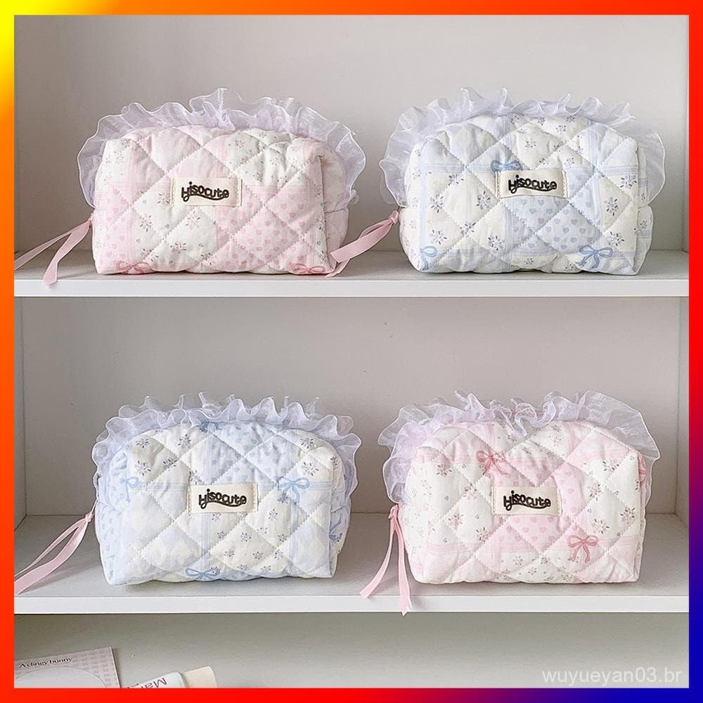 Bolsa De Lápis Acolchoada Estética , De Renda Com Babados , Grande Capacidade , Portátil Para Estudantes , Mala De Viage