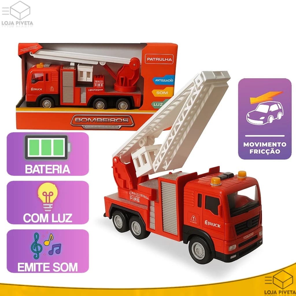 Caminhão de Bombeiro Carrinho de Brinquedo com Luz e Som Movimento Fricção Diversão Garantida