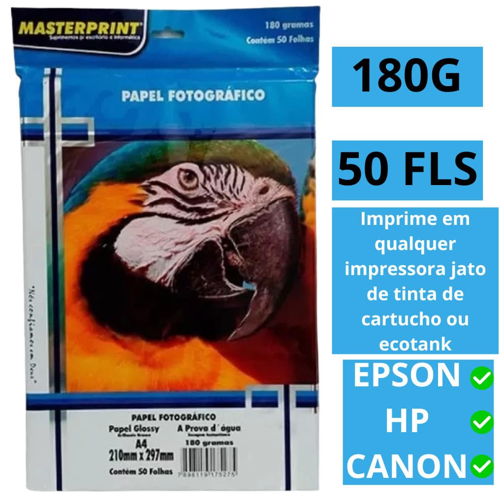 Papel Fotográfico A4 180g Glossy Masterprint Brilhante À Prova D'água P/ Impressão De Tinta Premium
