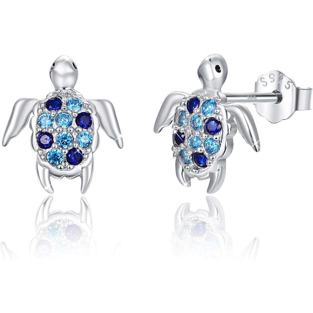 Brincos de Prata Esterlina 925 em Forma de Tartaruga com Zircônia Cúbica Azul Graduada, Joia Náutica de Tartaruga Marinh