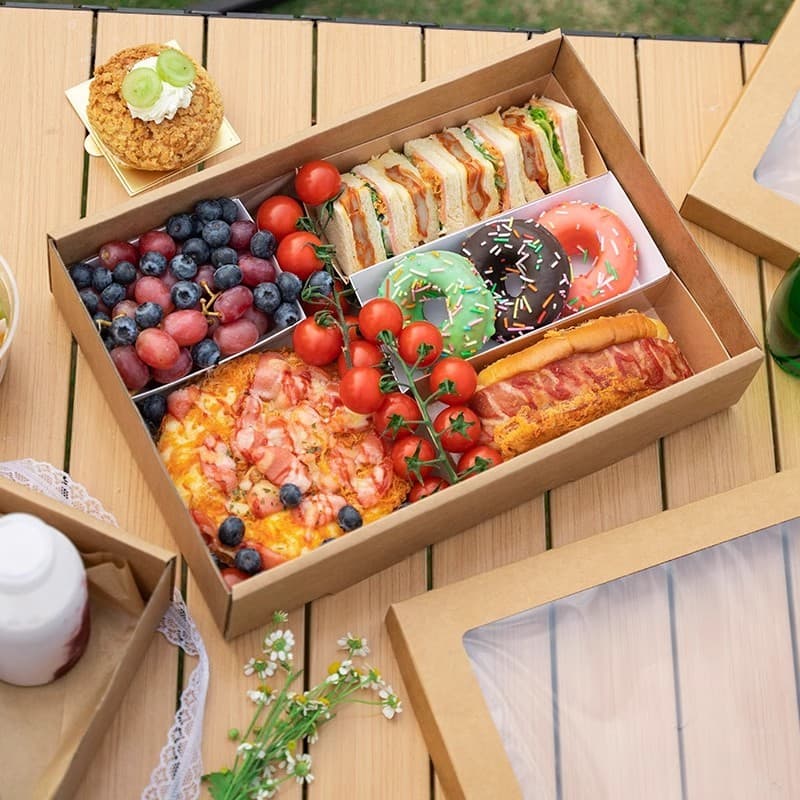 Caixa de piquenique de papel Kraft descartável primavera passeio acampamento lancheira comercial Sushi bolo caixa de emb