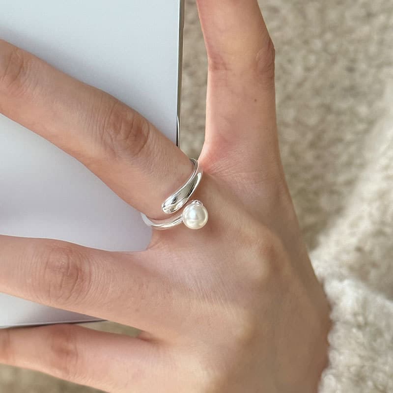 Anel de pérola em prata esterlina S925 para mulheres, design aberto, de alta qualidade, ajustável, moda de luxo leve SRJ