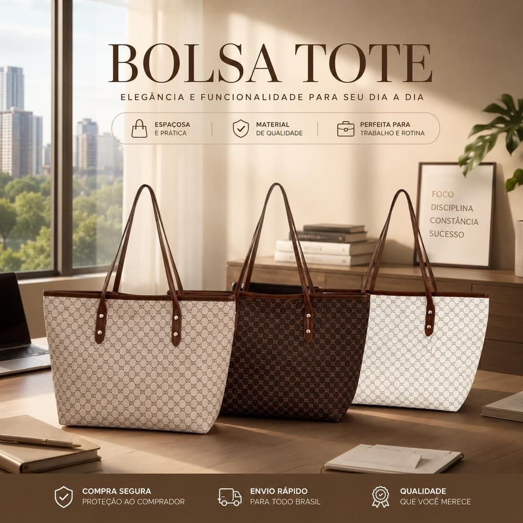 Bolsa Tote Ombro - Trabalho Faculdade Dia a Dia - Feminina - Elegante e Leve - Cabe Notebook 14 Pol e Cadernos
