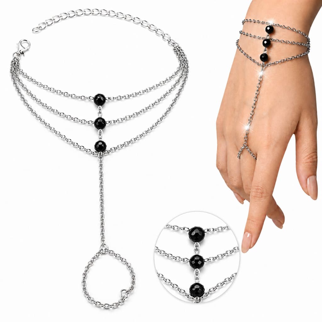 Pulseira Anel Feminina Pedra Ônix Corrente Indiana Aço Luxo