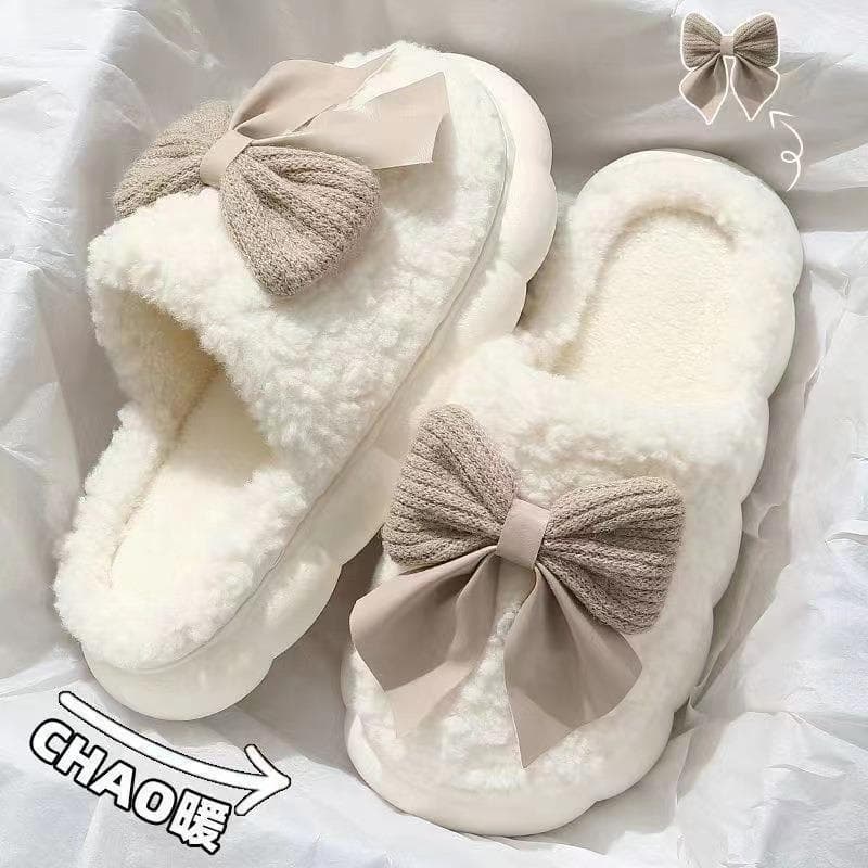 2026 novo estilo chinelos de algodão feminino outono inverno casa antiderrapante quente bonito pelúcia arco-nó calcanhar