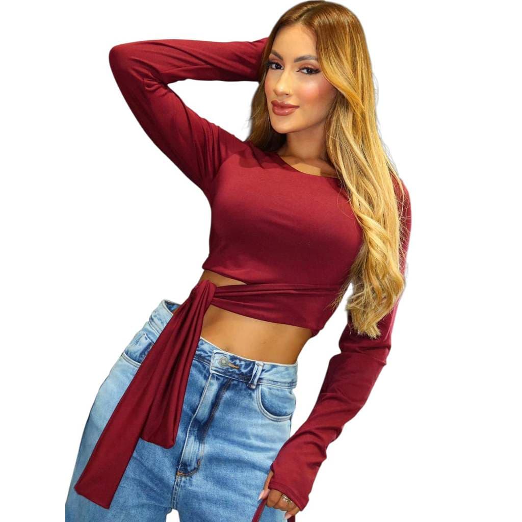 Top Cropped Feminino Plus Size com Manga Longa Recorte na Cintura e Faixa