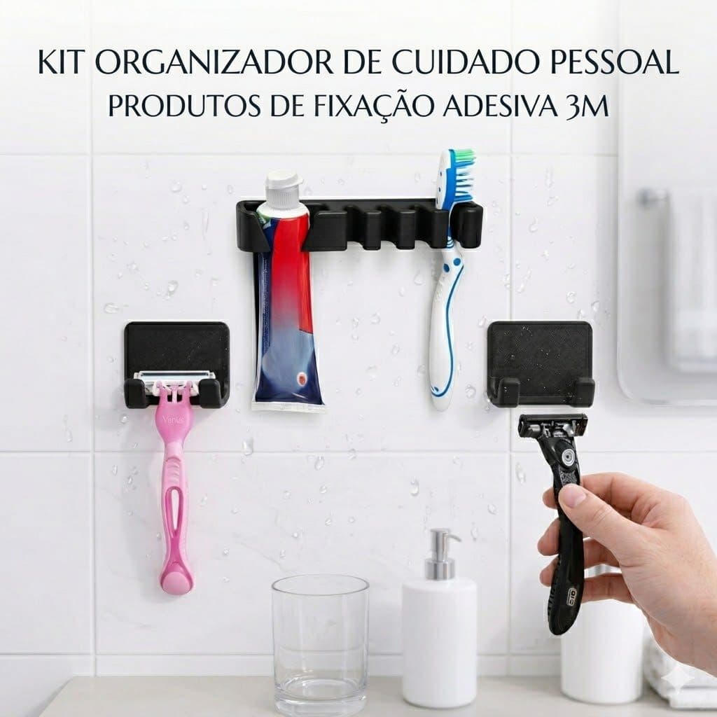 Kit Organizador Banheiro Sem Furo Suporte Escova Dente  Pasta  2 Porta Barbeador Adesivo 3M
