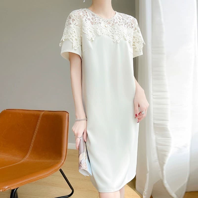 Camiseta vestido feminino verão acetato cetim solto em linha reta mais magro olhar temperamento Design padrão saia Commu