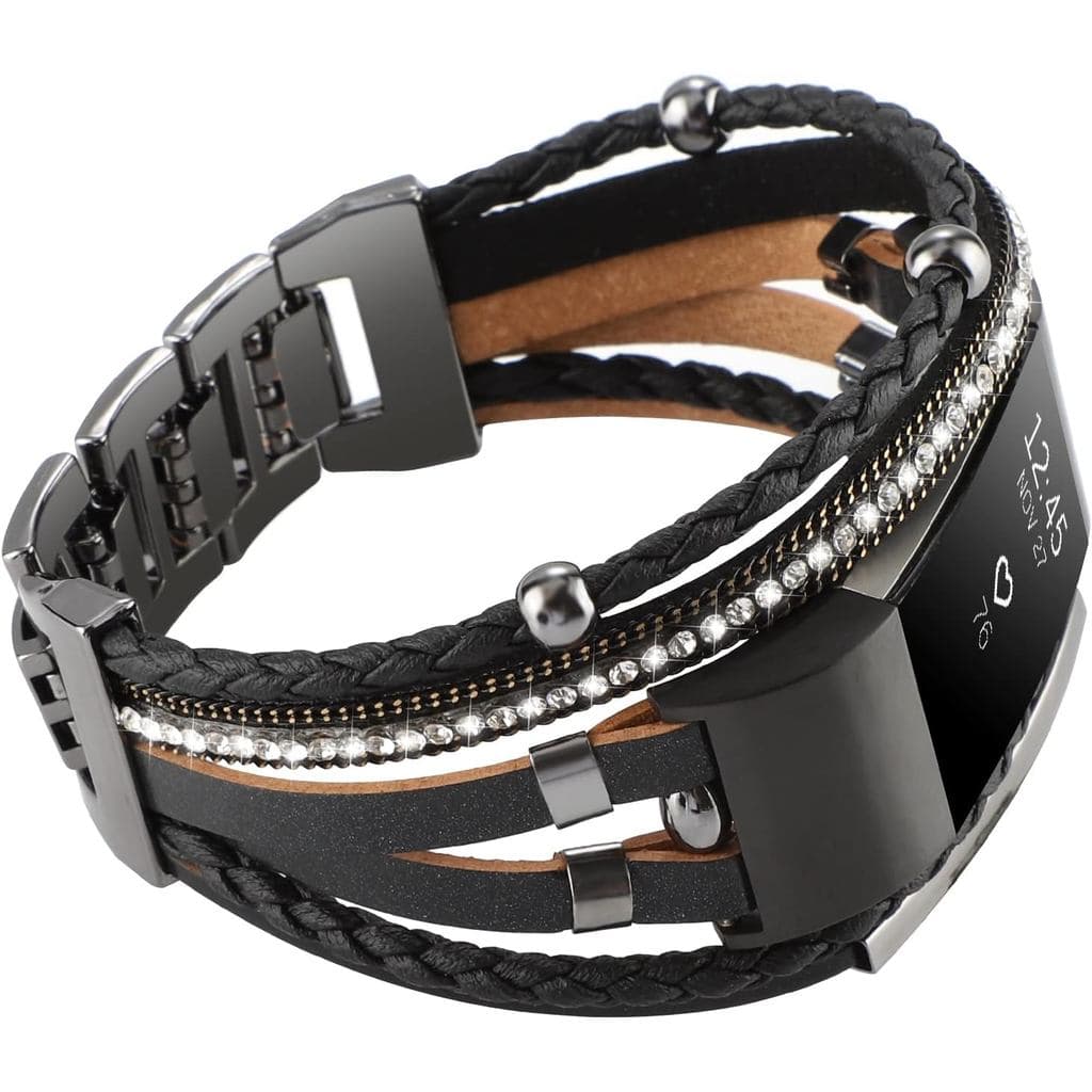Pulseira de Couro Elegante Compatível com Fitbit Charge 2, Pulseira Boho Feita à Mão Multicamadas para Mulheres