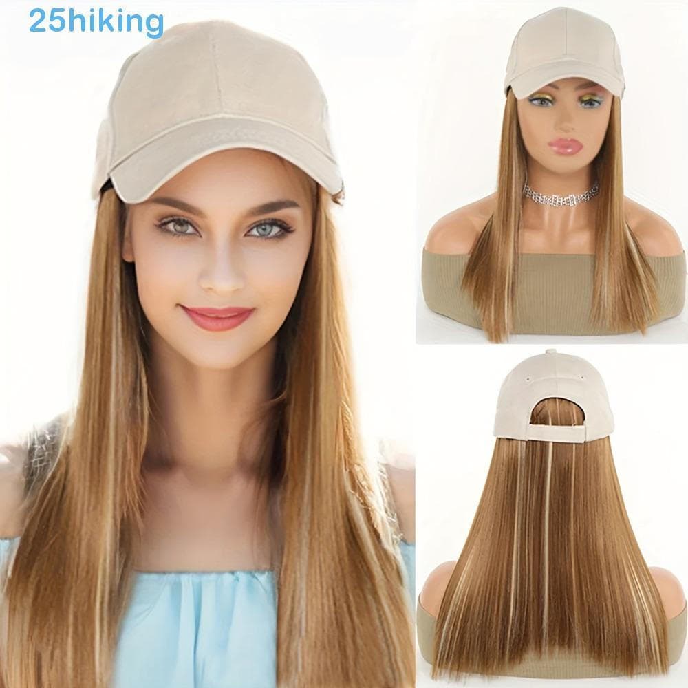 Boné De Beisebol Para Caminhada Com Peruca , Bege , Cabelo Longo E Reto Respirável Fofa Ajustável