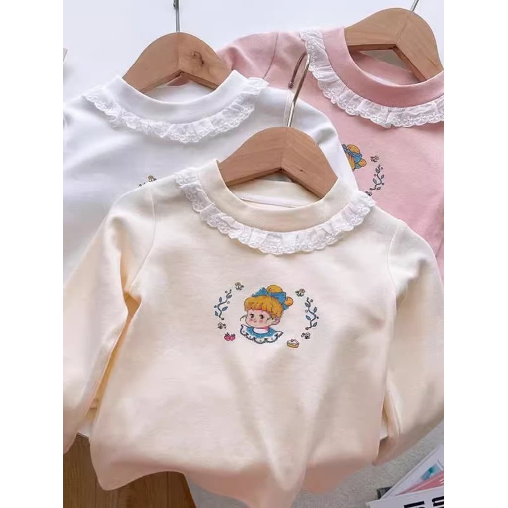 Bebê menina manga comprida camiseta 2024 outono menina crianças gola de renda doce topo outono menina All-Match camisa d
