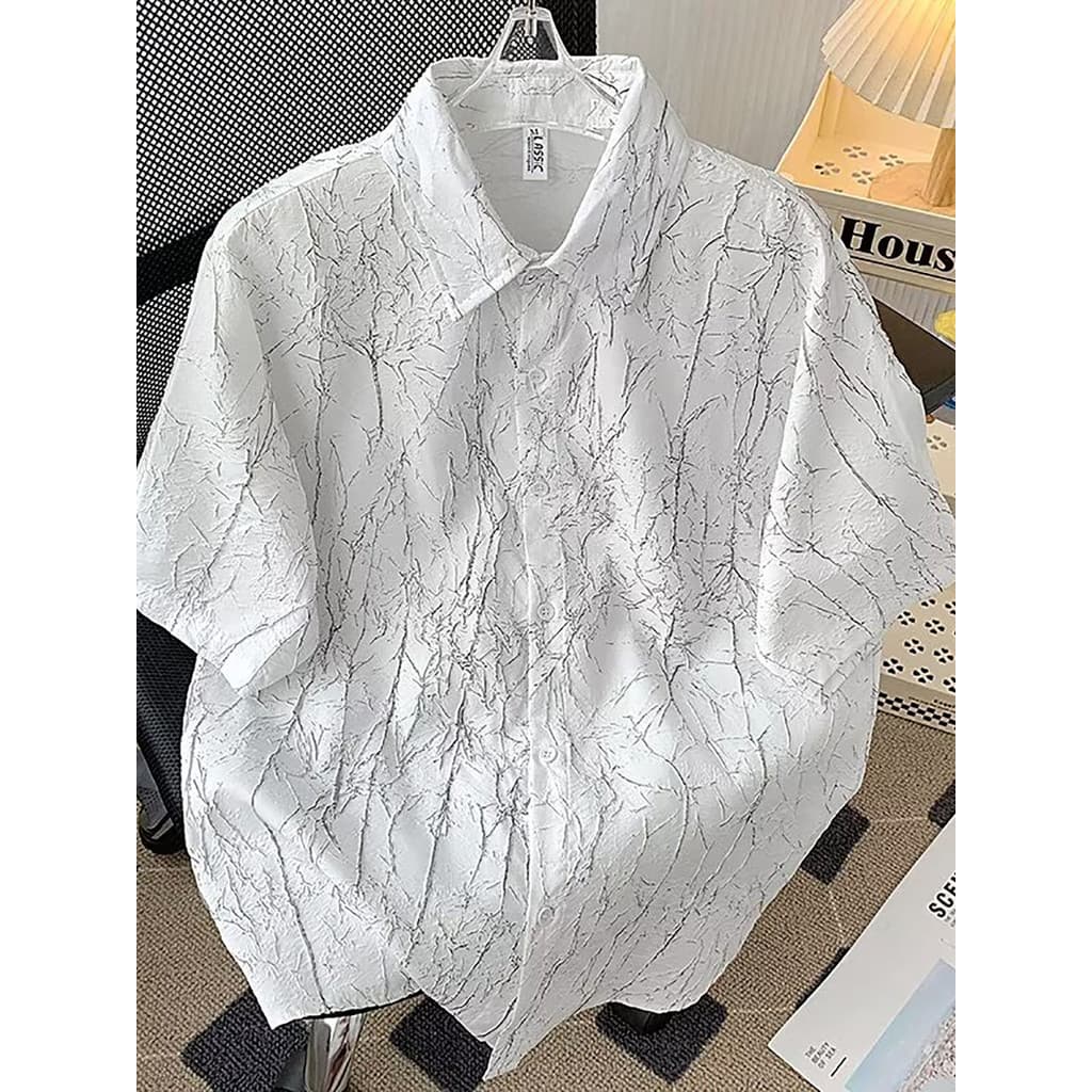 Camisa plissada de textura de seda gelo britânica Yuppie Design masculino estilo fino legal praia beira-mar camisa de ma