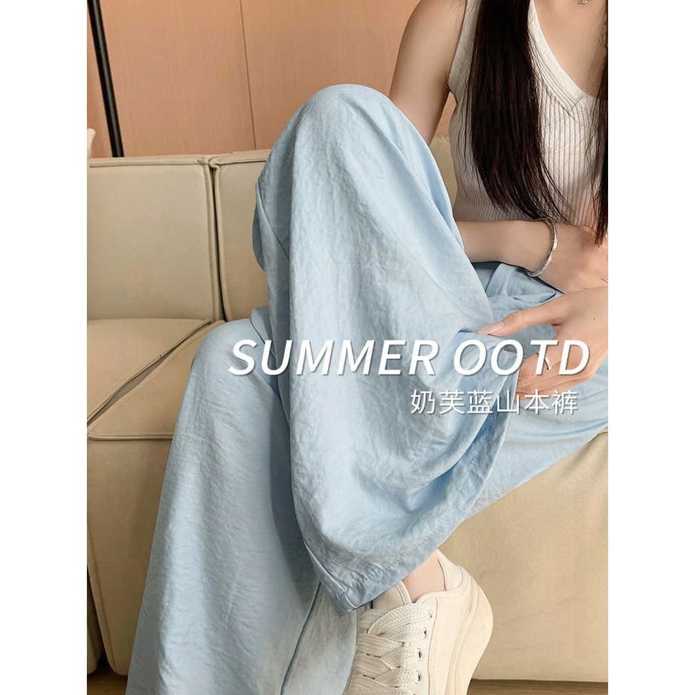 Off-White terno calças de perna larga feminino 2026 verão novo estilo cintura alta mais magro olhar solto seda gelo pequ