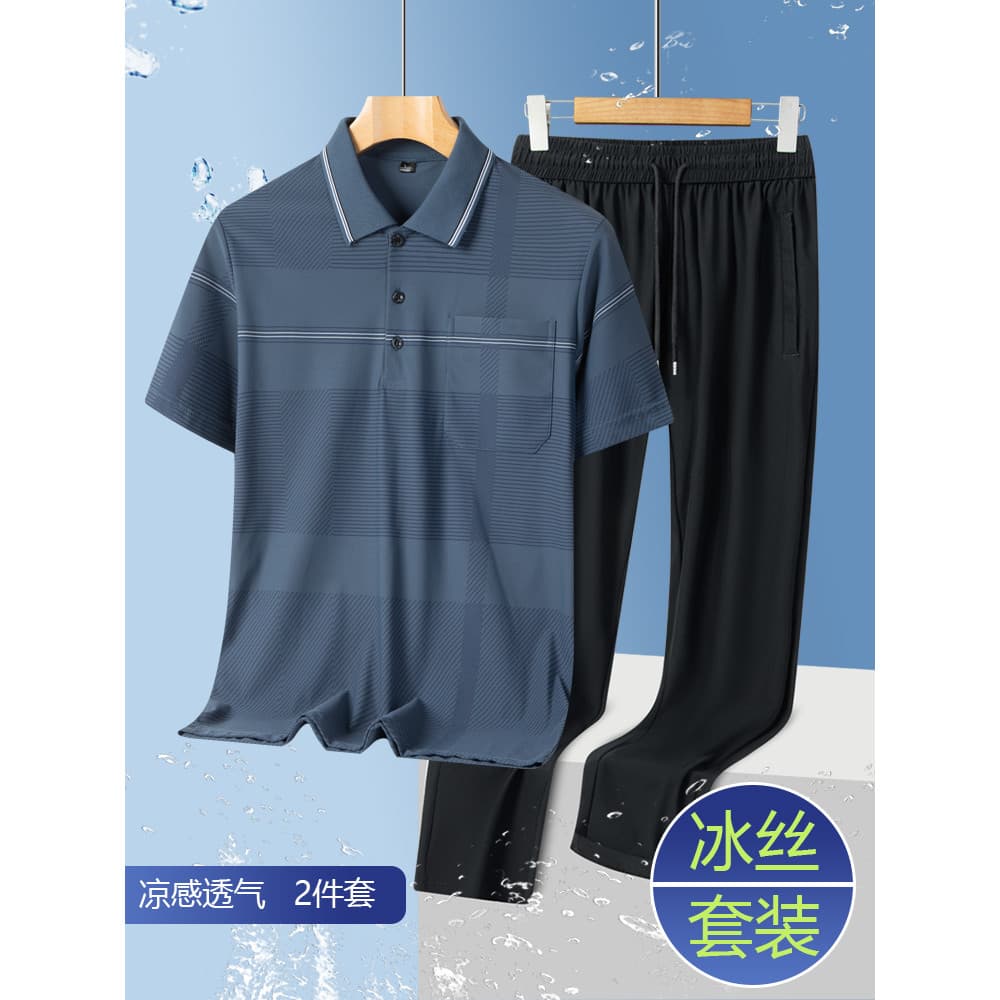 Pai vestido de verão terno de seda gelo homens de meia-idade camiseta de manga curta verão de meia-idade idosos masculin