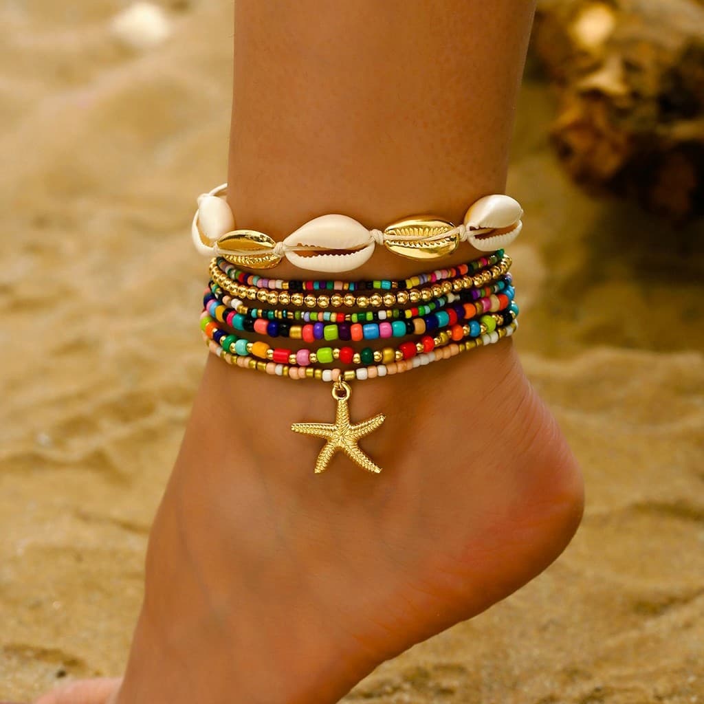 Pulseiras Simples De Estrela Do Mar E Concha Feitas À Mão No Tornozelo