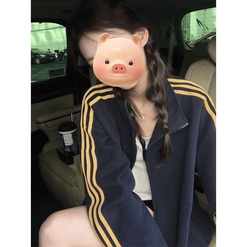 2026 nicho estilo coreano primavera outono contraste cor três barras moletom jaqueta feminina solta preguiçoso Cardigan