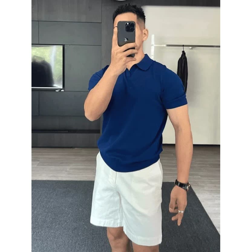 Mercerizado algodão gelo seda malha polo camisa masculina gola gaivota fino ajuste moletom de manga curta legal respiraç
