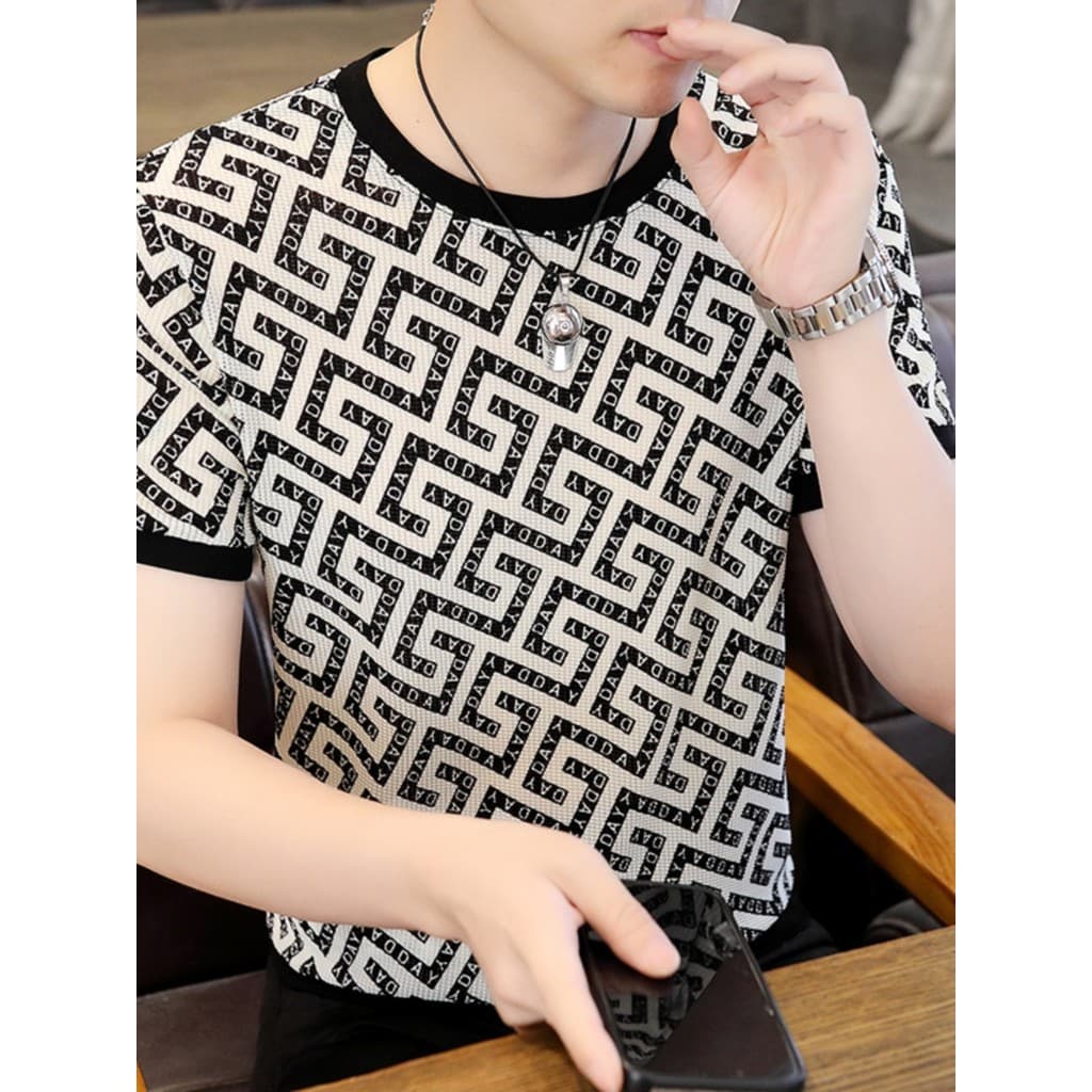 Estação europeia camiseta de seda gelo masculina meia manga em torno do pescoço xadrez Design topo oco respirável High-E