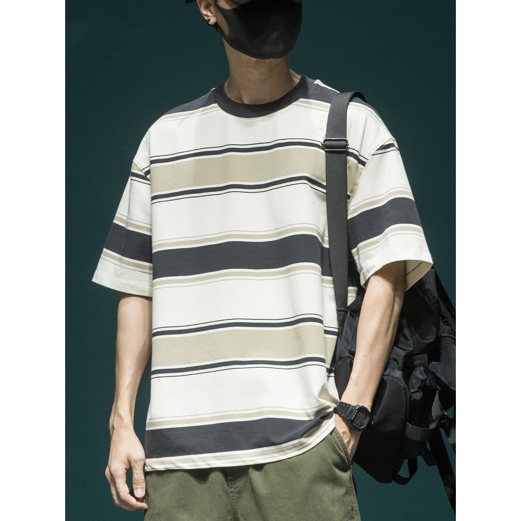 Americano Casual listrado de manga curta camiseta masculina verão novo estilo Street Wear All-Match camiseta solta em to