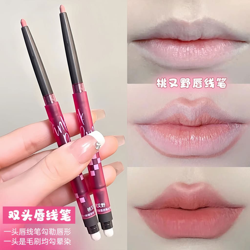 Ferramenta útil para lábios!Delineador labial de duas cabeças pêssego selvagem de longa duração, não desbota, baixo satu