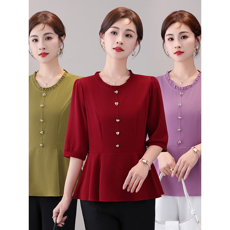 Moda mãe verão de manga média pequena camisa mais magro olhar senhoras Casual camiseta moda de meia-idade idosos All-Mat