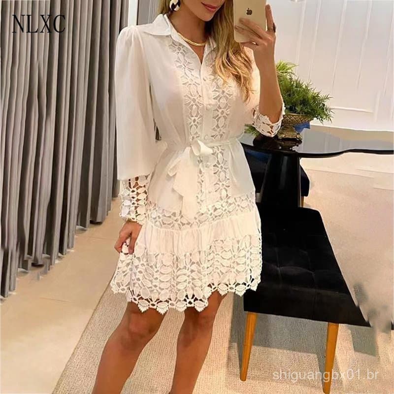 Vestido Curto de Renda Branca com Mangas Longas para Mulheres, Roupas Femininas H9043 EZWR