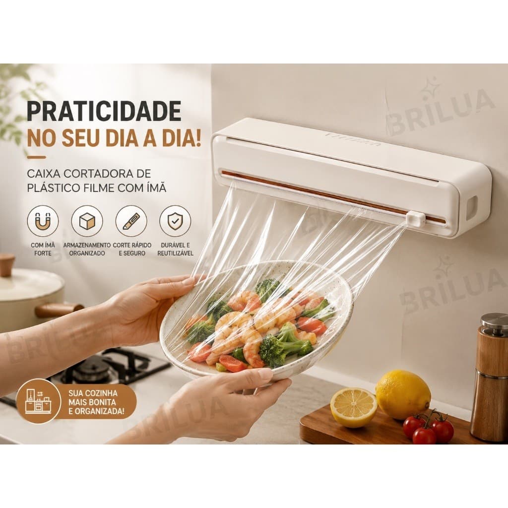Dispenser de Papel Filme com Cortador Deslizante Magnético Reutilizável para Cozinha