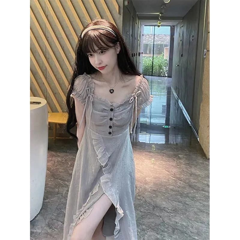 Super fada temperamento francês vestido de cintura estreita feminino verão 2026 novo estilo mais magro olhar manga Puff